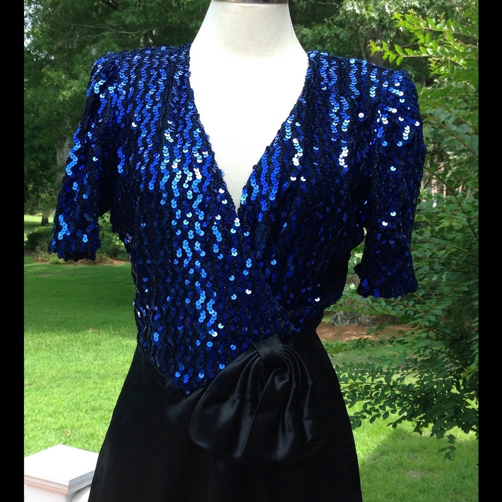 Vintage Blue Black Sequin Dress Satin Wrap